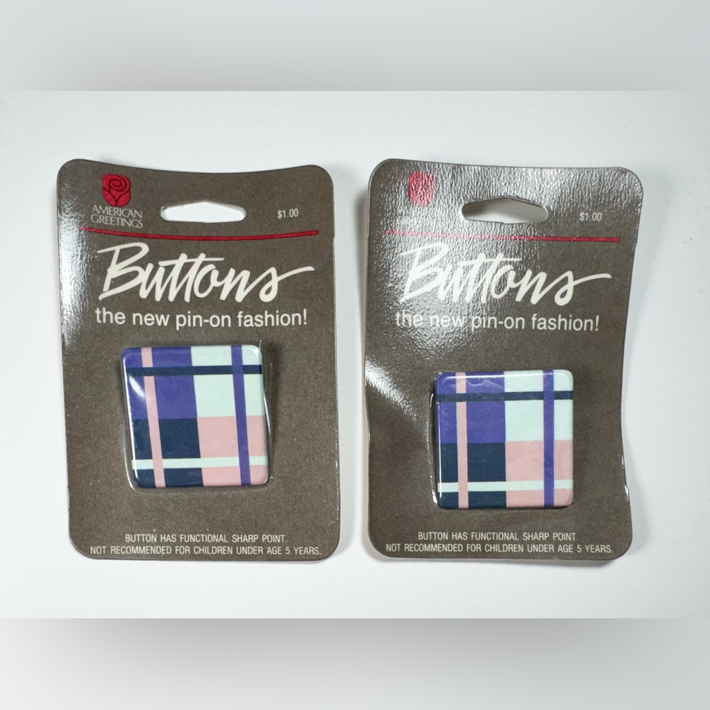 2 Vintage 1986 American Greetings Tartan Plaid Buttons Pins Brand New Sealed Nos